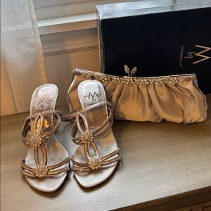 Madeline Women's Silver Strappy Heels with Rhinestone & Silver Evening Bag
